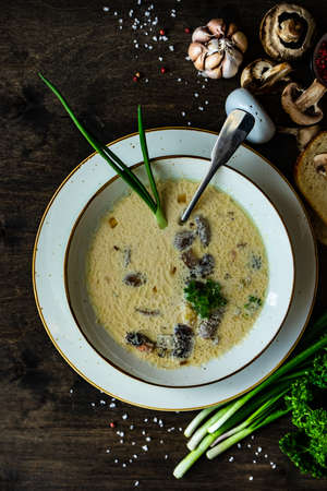 Soup with mushrooms and cream sour on rustic background with copy spaceの写真素材