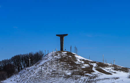 Famous Didgori battle monument with giant swards and sculptures of soldiers close to Tbilisi in...