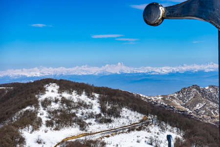 Famous Didgori battle monument with giant swards and sculptures of soldiers close to Tbilisi in Caucasus mountain rangeの写真素材