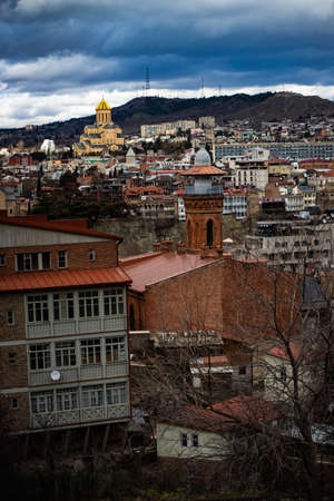 Famous view to Narikala castle, mosque and sameba cathedral in Old Tbilisi, Georgia