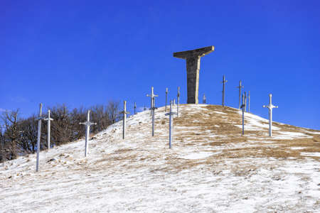 Famous Didgori battle monument with giant swards and sculptures of soldiers close to Tbilisi in...