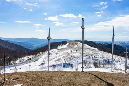 Famous Didgori battle monument with giant swards and sculptures of soldiers close to Tbilisi in Caucasus mountain rangeの写真素材