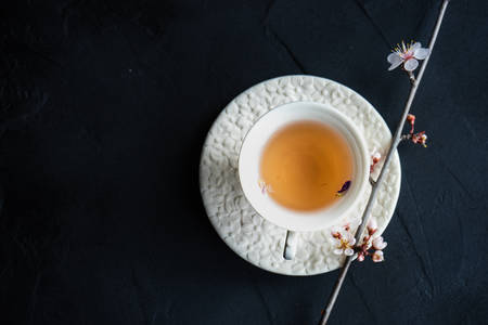 Cup of floral green tea and blooming cherry ttree branch on concrete background with copy space