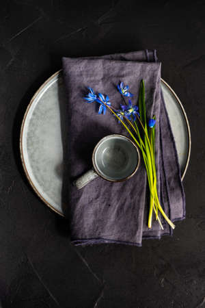 Spring table setting with blue scilla siberica flowers on concrete background with copy space