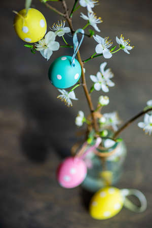 Easter holiday card concept with cherry bloom and bird nest full of eggs on rustic background with...