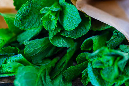 Fresh mint leaves on rustic background as a organic food concept