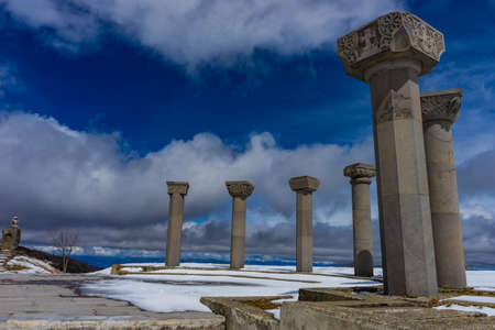 03 APRIL 2019, GEORGIA, TBILISI, Famous Didgori battle monument with giant swards and sculptures of...