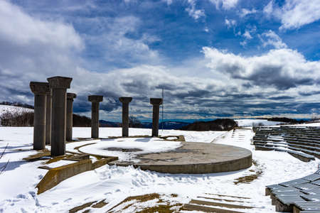 03 APRIL 2019, GEORGIA, TBILISI, Famous Didgori battle monument with giant swards and sculptures of...