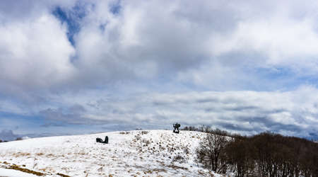 03 APRIL 2019, GEORGIA, TBILISI, Famous Didgori battle monument with giant swards and sculptures of soldiers close to Tbilisi in Caucasus mountain rangeのeditorial素材