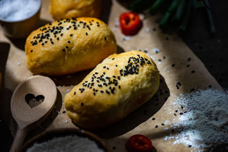 Traditional georgian pies with chicken meat, bell pepper and herbs  on dark wooden backgroundの写真素材