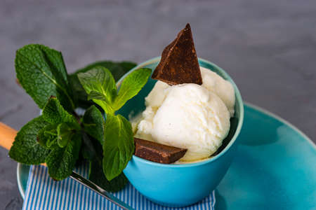 Dessert concept with vanilla ice cream decorated with fresh mint leaves and chocolate piecesの写真素材