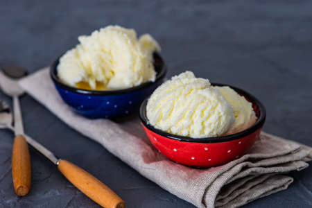 Dessert concept with vanilla ice cream decorated with fresh mint leaves and chocolate piecesの写真素材