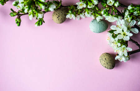 Easter holiday card concept with pink  colored eggs and cherry blossom flowers  on pastel pink...