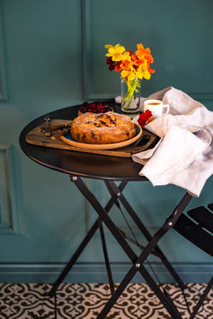 Sweet dessert concept with berries cake  in nice interior