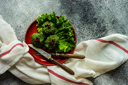 Traditional Georgian dish, pkhali (phali) on stone background with copy space