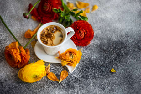 Summer floral card concept with bright flowers of ranunculus plantの写真素材
