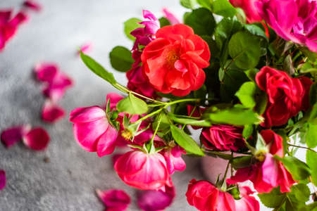 Red tea roses bouquet in ceramic vase on the concrete table as a interior decor concept with copy spaceの写真素材