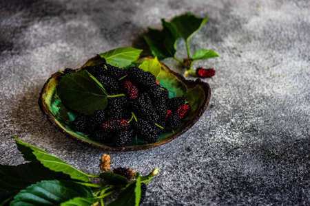 Organic summer mulberry fruits in a ceramic bowl on grey concrete backgroundの写真素材