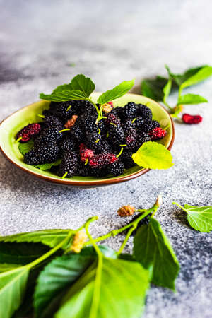 Organic summer mulberry fruits in a ceramic bowl on grey concrete background