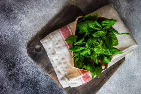 Healthy food concept with fresh basil herb leaves in a bowlの写真素材