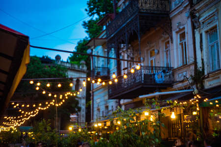 02 JUNE 2019, TBILISI, GEORGIA: Street lights on the famous restaurant street Erekle II in Old Tbilisi, Georgiaのeditorial素材
