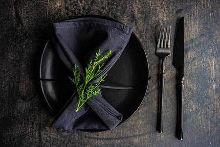 Christmas table setting concept in dark tones with red berries and fir treeの写真素材