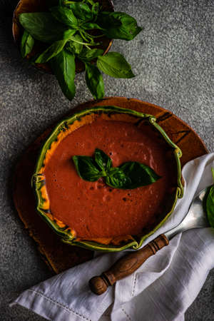 Traditional spanish tomato cream soup Gazpacho in ceramic bowl on rusty stone background with copy spaceの写真素材