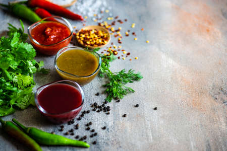 Traditional georgian sauces like tomato satsebeli, yellow and red tkemali with ingredients on stone...