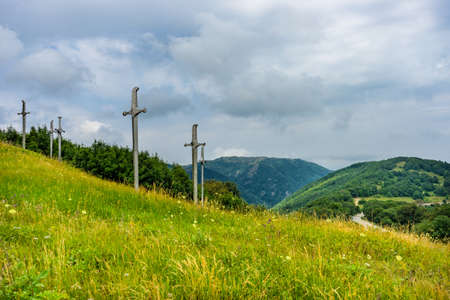 20 JULY 2019, GEORGIA, TBILISI, Famous Didgori battle monument with giant swards and sculptures of soldiers close to Tbilisi in Caucasus mountain rangeのeditorial素材