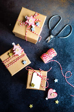 Christmas holiday flatlay with xmas decor on stone background with copy spaceの写真素材