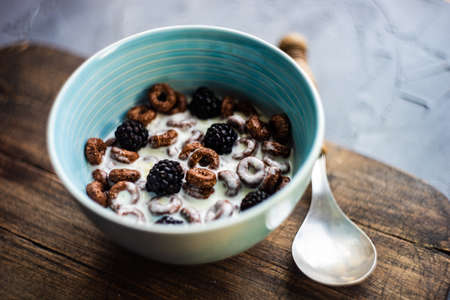 Traditional breakfast with chocolate cornflakes, yogurt and honey on rustic backgroundの写真素材