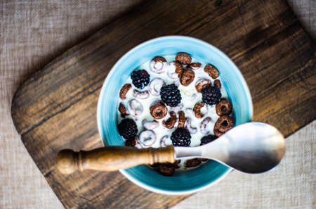 Traditional breakfast with chocolate cornflakes, yogurt and honey on rustic backgroundの写真素材
