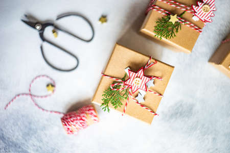 Christmas holiday flatlay with xmas decor on stone background with copy spaceの写真素材