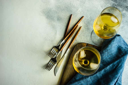 Glass of white Rkatseteli wine on rustic background with copy spaceの写真素材