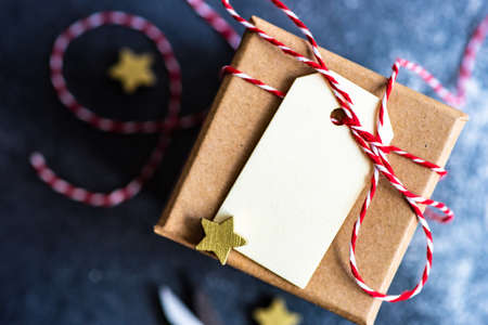 Christmas holiday flatlay with xmas decor on stone background with copy spaceの写真素材