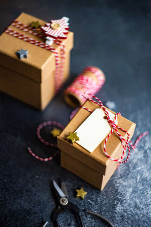 Christmas holiday flatlay with xmas decor on stone background with copy spaceの写真素材