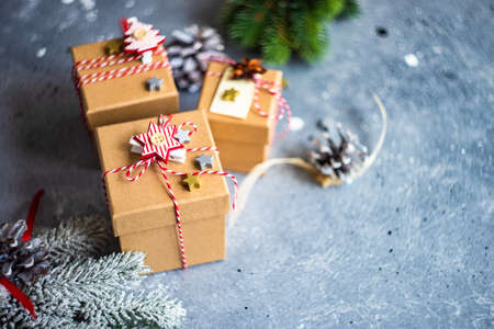 Christmas holiday flatlay with xmas decor on stone background with copy spaceの写真素材