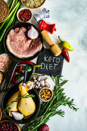 OrganicHealthy with organic vegetables, herbs,  raw meat, seeds and cereals on stone background with copy spaceの写真素材
