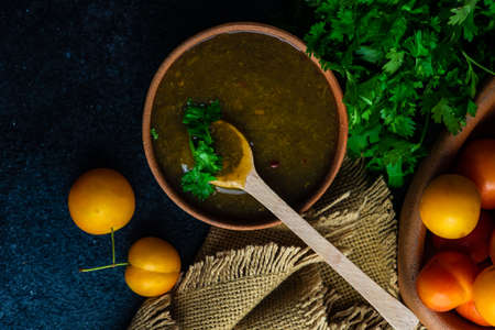 Traditional georgian tkemali sauce with fresh tkemali fruits and coriander on stone background