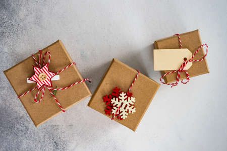 Christmas card concept with xmas decoration on stone background with copy space