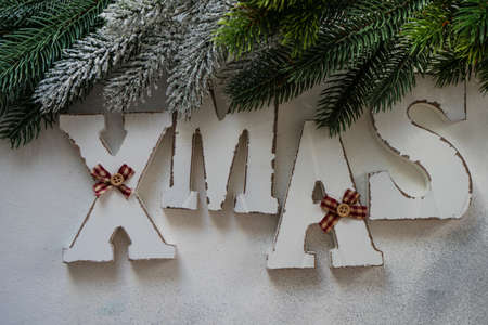 Christmas card concept with xmas decoration on stone background with copy spaceの写真素材