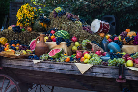 Autumnal fruits and vegetables at the harvest  holiday during Tbilisisoba celebration in Tbilisi, Georgiaの写真素材