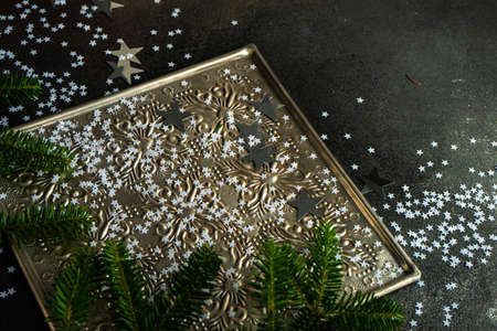 Christmas frame concept with decor on stone background with copy spaceの写真素材