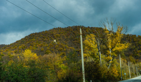 Autumnal georgian mountain road landscape in Gombori passの写真素材