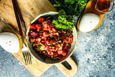 Organic beetroot salad on stone background with copy space