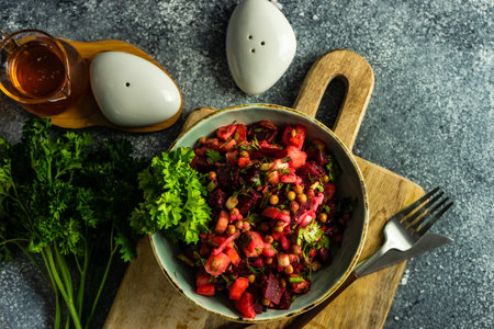 Organic beetroot salad on stone background with copy spaceの写真素材