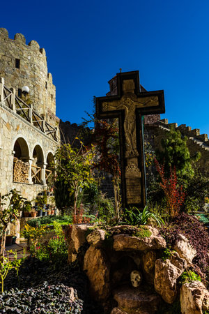 18 NOVEMBER 2019, GEORGIA: Inner yard in famous man monastery Mzovreti located in medieval castle in...