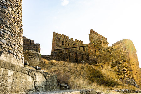 27 NOVEMBER 2019, KSANI, GEORGIA: Ruins of famous medieval castle Qsnis tsikhe on hill top over Ksani townのeditorial素材