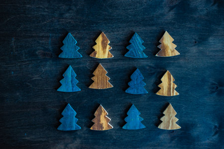 Christmas card concept with handmade wooden xmas trees