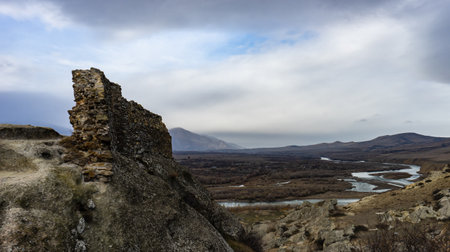 04 DECEMBER 2019: Ruins of ancient rock city Uplistsikhe close to Gori in  Shila Kartli region, Georgia, One of the most famous landmark of Georgiaのeditorial素材